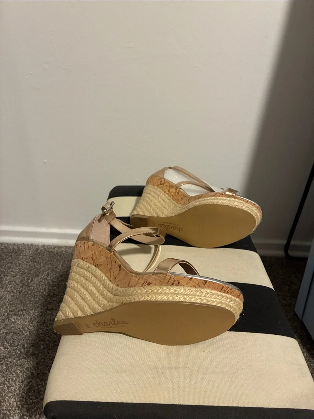 Charles by Charles David Metallic Rose Gold Espadrille Wedge Sandals